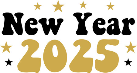 New Year 2025 typography clip art design for T-shirts and apparel, Happy New Year art on plain white background for shirt, hoodie, sweatshirt, card, tag, mug, icon, poster or badge