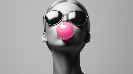 Black and white studio portrait of a female mannequin head wearing aviator sunglasses blowing a pink bubble gum in her mouth