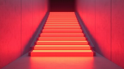 Fototapeta premium Organization structure and mission, A modern staircase illuminated by vibrant red lights, creating a striking contrast against the minimalist, gray walls.