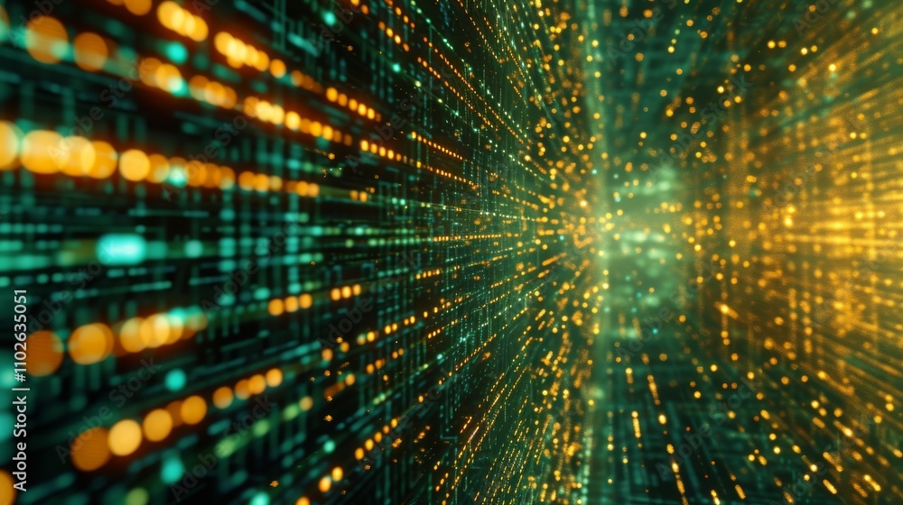 Poster a vivid display of golden data lights moving through a digital matrix, representing technology, inno