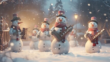 A whimsical snowman orchestra playing festive tunes, filling the winter air with the joyous sounds of Christmas merriment.