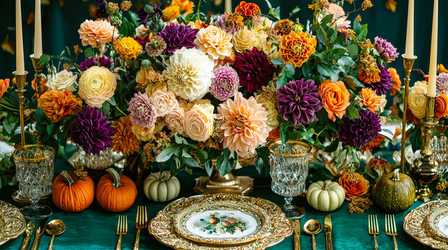 A beautifully arranged dinner table features a vibrant floral centerpiece, decorative pumpkins, and elegant tableware for an autumn gathering