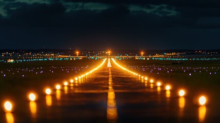 Fototapeta premium A close-up of glowing runway lights on a dark evening, guiding planes during takeoff and landing.