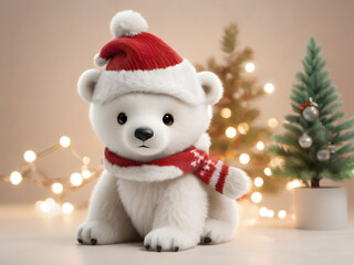 A baby polar bear wearing a red Christmas scarf and a small Santa hat, sitting by a miniature Christmas tree with twinkling lights. 