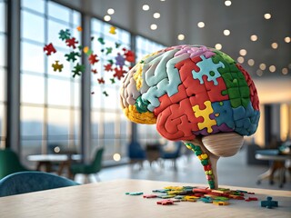 Vibrant 3D rendering of colorful puzzle pieces forming a brain shape, background, symbolizing mental health, creativity, cognitive diversity in a modern interior., wallpaper