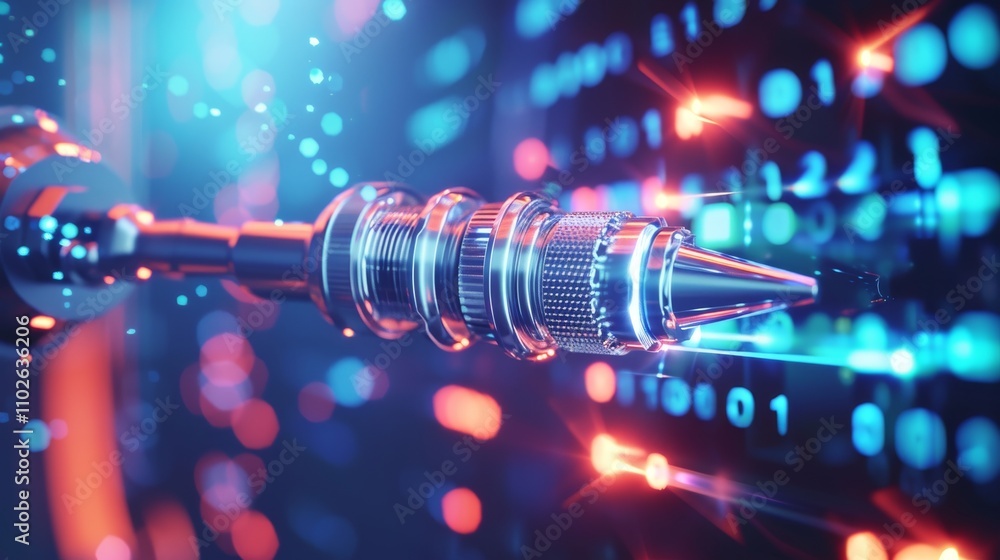 Poster a detailed close-up of a futuristic drill with binary code and vibrant lights in the background, sym