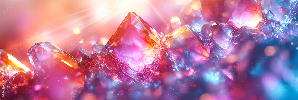 Poster colorful crystal formations shimmer and reflect light, creating an enchanting atmosphere filled with
