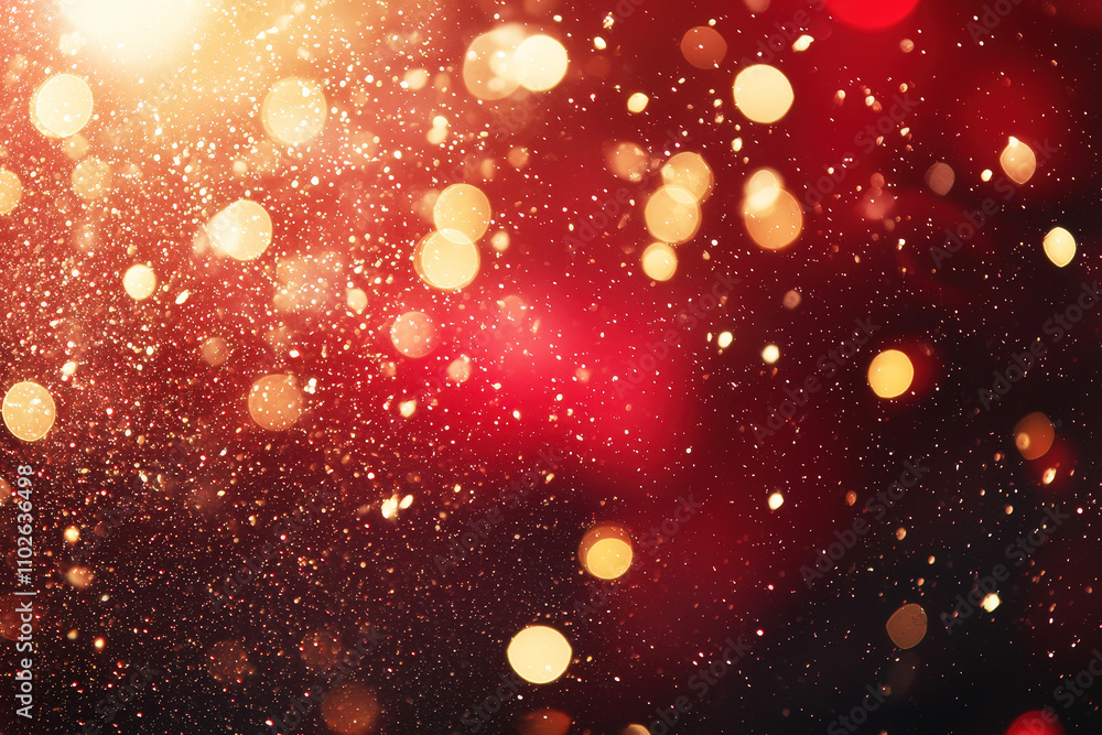 Poster glittering bokeh lights in golden and red hues fill the background, enhancing the festive mood of a 