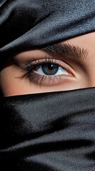 Naklejka premium Woman with blue eyes wearing black veil: close-up portrait emphasizing mystery and beauty