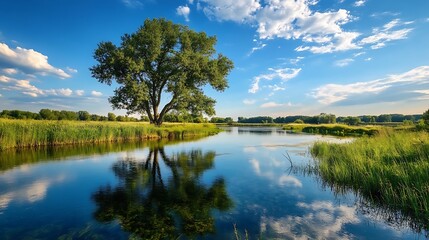 Obraz premium Tranquil River Landscape with Tree Reflection