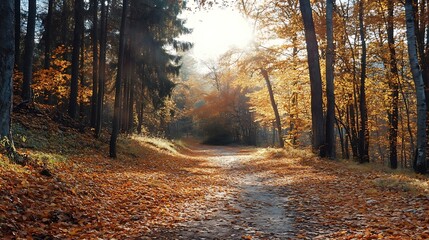 Fototapeta premium Autumn Forest Path Sunlight