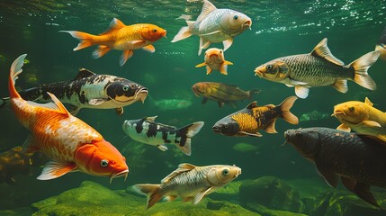 Fototapeta premium Underwater Scene with Colorful Koi Fish Swimming Gracefully in a Freshwater Environment Surrounded by Vibrant Aquatic Plants and Rocks