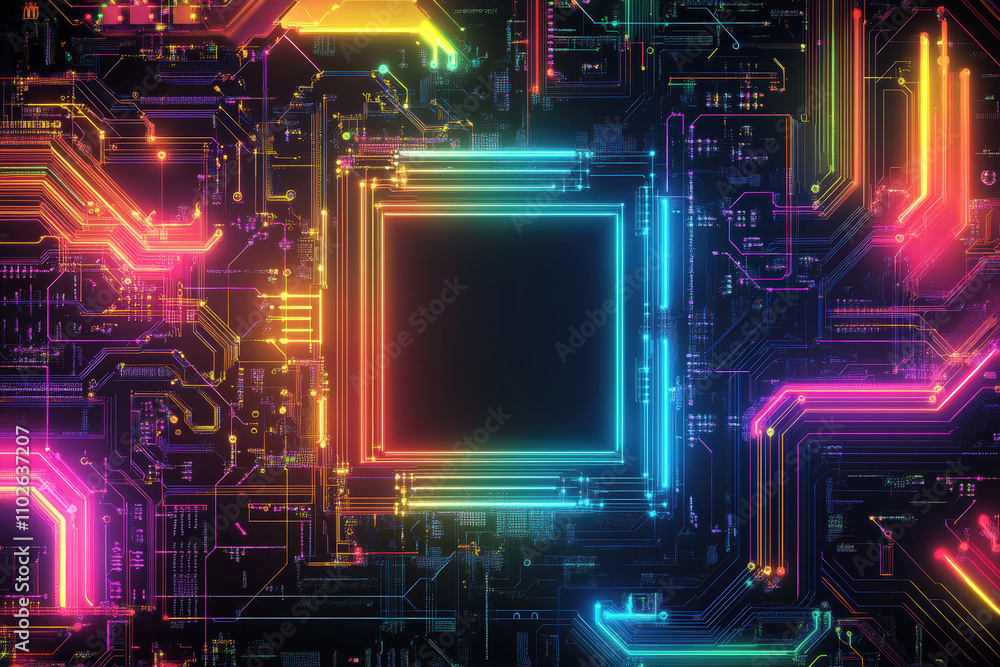 Aufkleber intricate circuit board filled with glowing pathways and a central processor, capturing the essence 