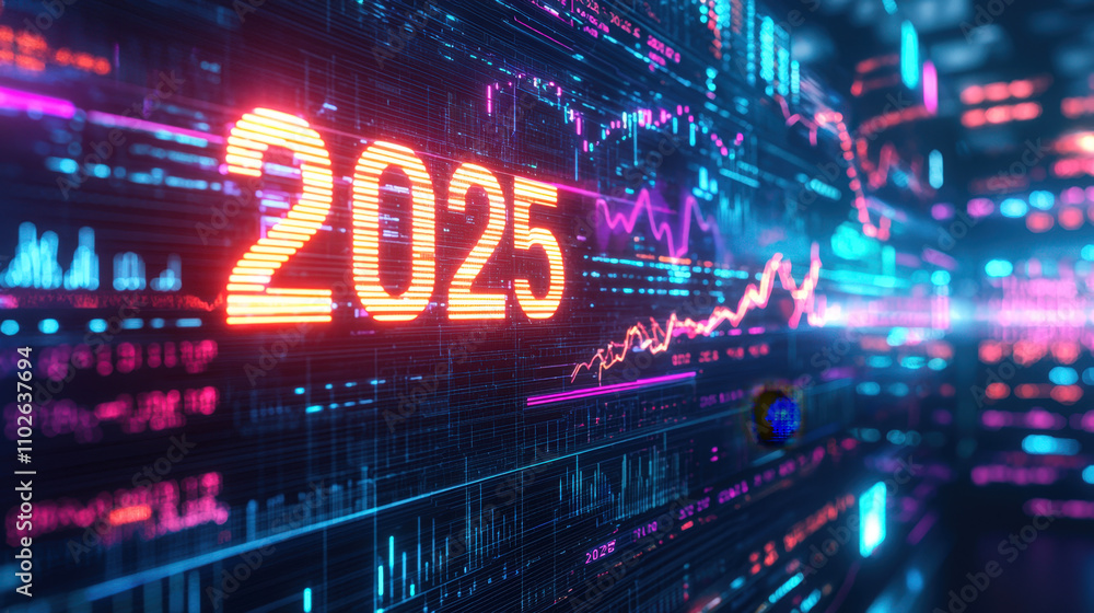 Poster A vibrant digital display features the year 2025 with colorful graphics and fluctuating financial data represented through graphs and charts
