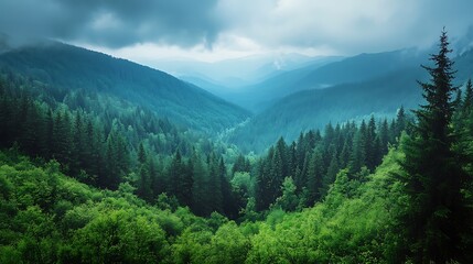 Fototapeta premium Mountain valley landscape with lush green forest. Nature scenery.