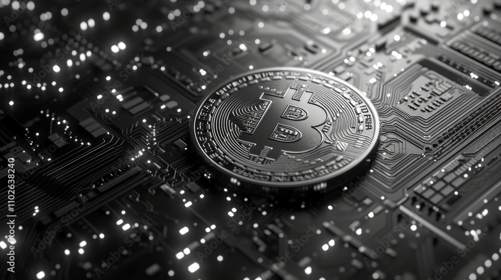 Poster an ai-generated image of a silver bitcoin coin placed against a sleek, dark blockchain network backg