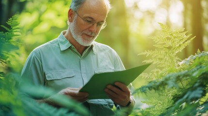 An environmental consultant evaluating projects, with a bold green background symbolizing ecological care