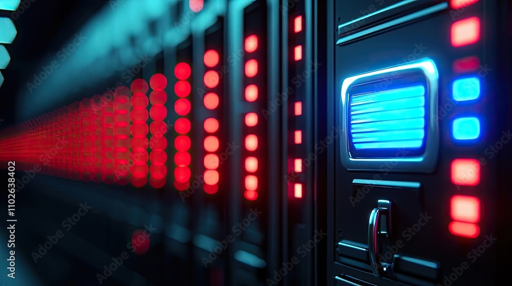 Poster close-up of a digital server with blinking lights and modern design.