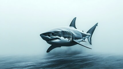 Majestic Great White Shark Gliding Through Foggy Waters, Showcasing Powerful Form and Graceful Movement in an Underwater Environment