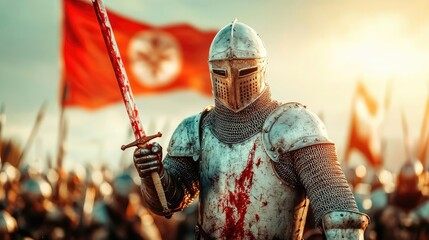 Medieval knight in armor with bloody sword, battle scene, dynamic atmosphere.
