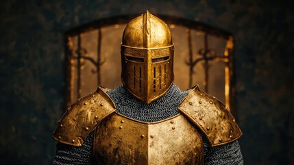 A medieval knight in shining golden armor standing in a historic setting.