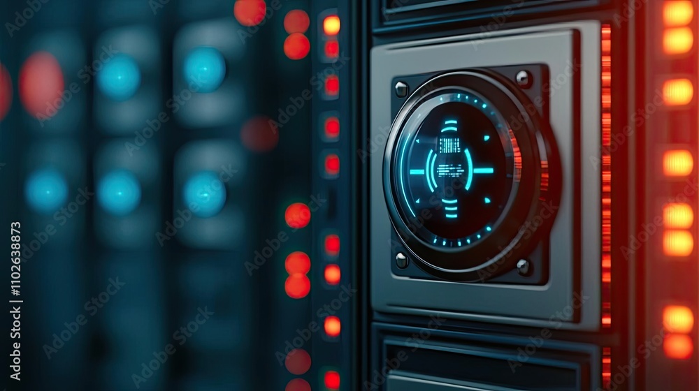 Poster close-up of digital server control panel with glowing indicators and lights.