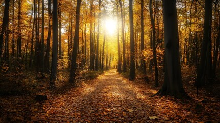 Fototapeta premium Autumn Forest Path Sunlight