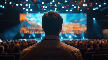 A conference presenter addressing a large audience, with visual aids displayed behind.