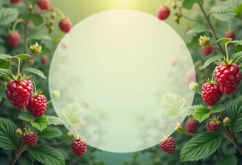 Obraz premium Lush raspberries with rich colors are framed by fresh green leaves, creating an inviting and refreshing ambiance, ideal for summer displays and culinary inspirations. Blank copy space. Generative AI.