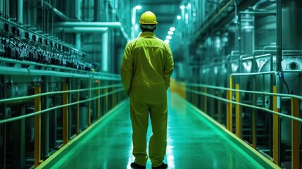 An industrial manager inspecting production lines, standing confidently on a vibrant green background symbolizing leadership