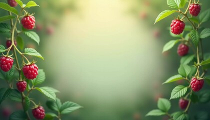 Fototapeta premium Lush raspberries with rich colors are framed by fresh green leaves, creating an inviting and refreshing ambiance, ideal for summer displays and culinary inspirations. Blank copy space. Generative AI.