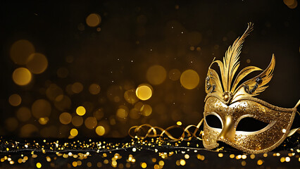 carnival mask with gold glitters and a black background
