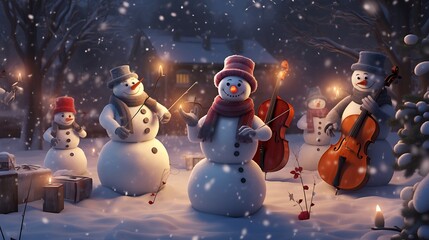 A whimsical snowman orchestra playing festive tunes, filling the winter air with the joyous sounds of Christmas merriment