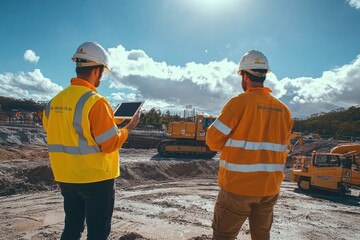construction worker team Australians working on a job site, standing close together, working