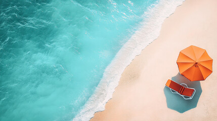 Obraz premium Beautiful beach with turquoise water and orange umbrellas, view from above, summer vacation concept banner background