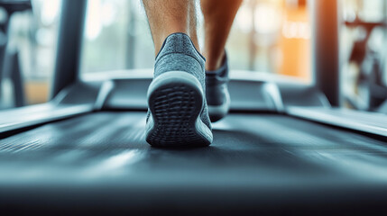 Close-up of legs and shoes running on a treadmill in a fitness club during a sports training session