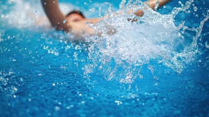A swimmer diving into a pool, splash and ripples expanding in slow motion