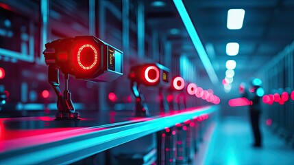 High-tech surveillance cameras on a sleek production line, vibrant lighting effect.