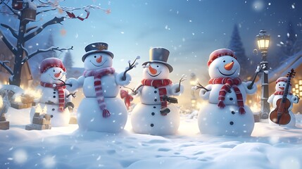 A whimsical snowman orchestra playing festive tunes, filling the winter air with the joyous sounds of Christmas merriment.