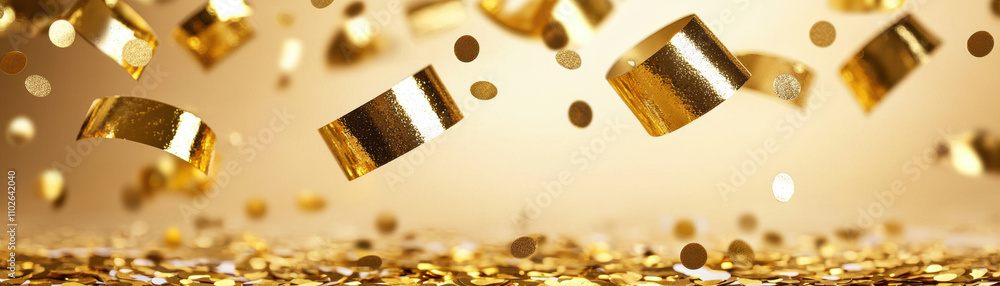 Poster a vibrant display of floating gold confetti and coins, creating a festive and luxurious atmosphere.