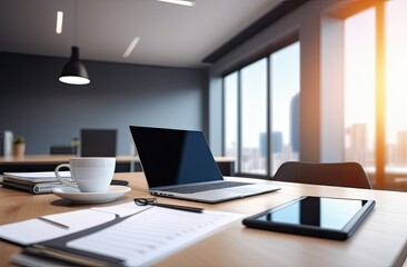 Naklejka premium A modern office desk setup with a laptop, tablet, coffee cup, and documents arranged neatly in a bright workspace featuring large windows and natural sunlight streaming through
