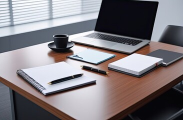 A neatly organized office desk featuring a laptop, notebook, pen, clipboard, and a stylish black coffee cup, placed in a bright, minimalistic workspace with modern decor and natural light