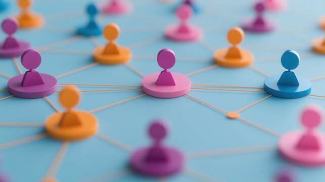 Organization structure and mission, Colorful network of interconnected figures representing social connections and community engagement.