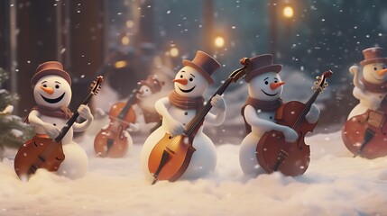 A whimsical snowman orchestra playing festive tunes, filling the winter air with the joyous sounds of Christmas merriment.