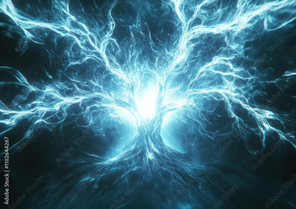 Poster mystical illuminated tree with glowing branches emanating energy and light, creating a surreal and e