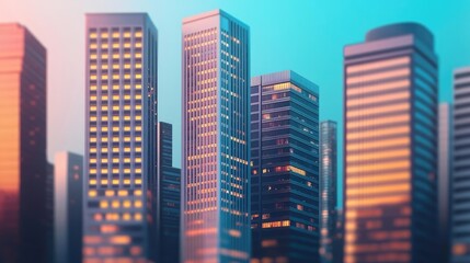 Modern skyscrapers with colorful reflections in a vibrant city skyline.