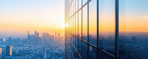 Fototapeta premium Modern skyscraper reflecting sunset with city skyline in background.