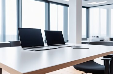 Naklejka premium A bright and modern office workspace featuring two open laptops on a sleek white table, set against large windows letting in natural light, emphasizing collaboration and technology