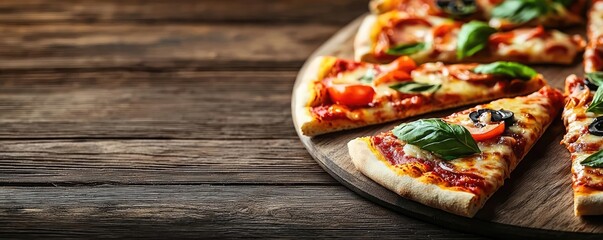 Delicious pizza slices on a wooden table with fresh ingredients.