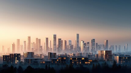 Fototapeta premium Modern skyline with skyscrapers at sunset, vibrant orange and blue hues.